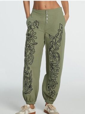 100% Cotton Olive Green Floral Embroidered Jogger Pants